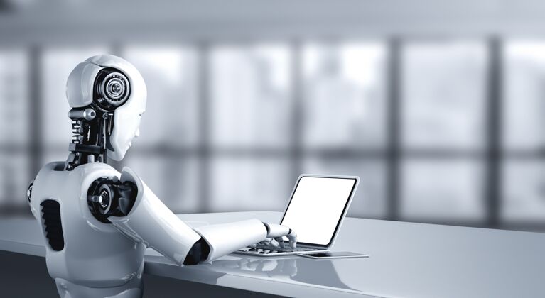 商务机器人人形使用笔记本电脑 坐在未来的办公室桌子上Arm增强现实空白