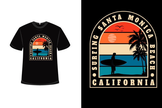 海滩T恤设计与冲浪圣莫尼卡海滩加州橙色奶油和蓝色冲浪振动冲浪者