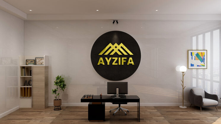 办公室现代简约室内设计的工作场所与三维品牌标志墙模型沙发标志工作场所