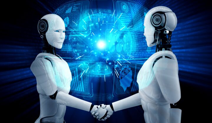 机器三维渲染仿人机器人握手协作未来技术投资人计算机