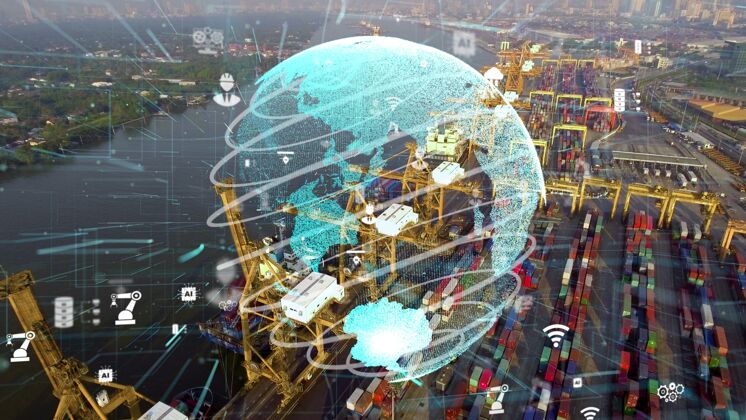 通信网络技术现代化的船舶港口鸟瞰图传感器智能连接