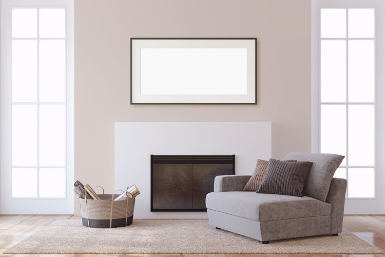 室内内部和框架模型现代带扶手椅的壁炉3d渲染空扶手椅装饰