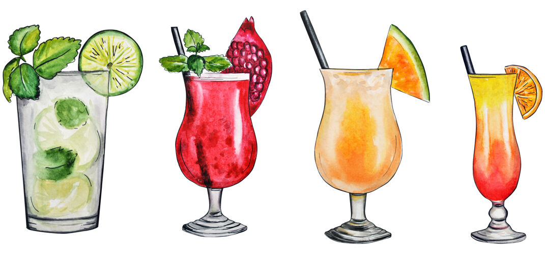 热带水彩手绘许多五彩鸡尾酒上的白色饮料饮料涂鸦