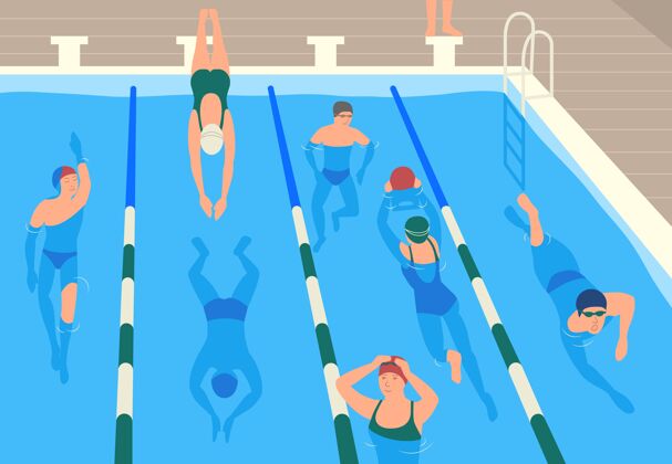 女人男女平底卡通人物戴帽子 护目镜 泳衣在泳池里跳跃 游泳或占卜游泳潜水事件