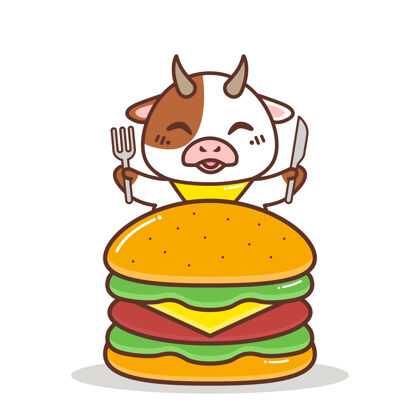 小可爱的牛和一个大汉堡可爱水牛吃