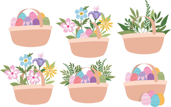 鸡蛋装满复活节彩蛋 鲜花和绿色植物的篮子插画设计条纹可爱五颜六色