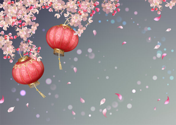 灯樱花盛开 花瓣飞舞 东方花灯璀璨的春节东方飞樱花