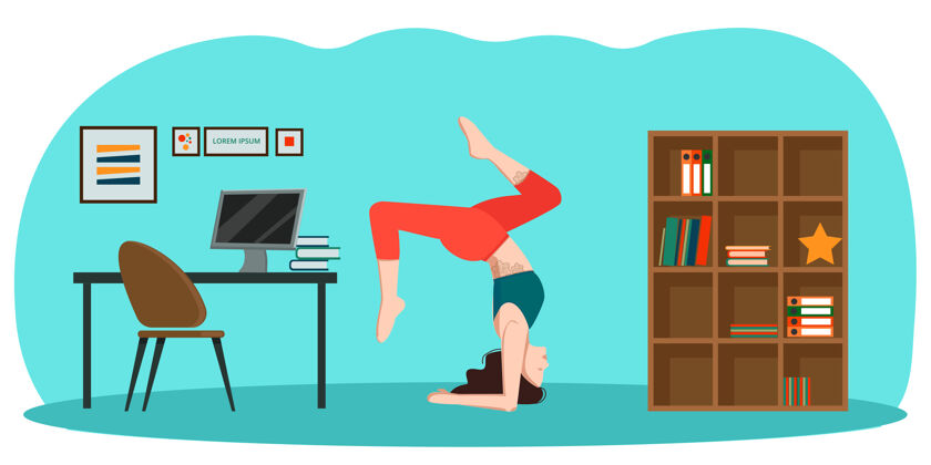 冷静瑜伽在办公室里 一个瘦女人在房间里倒立着体式房子女孩健身