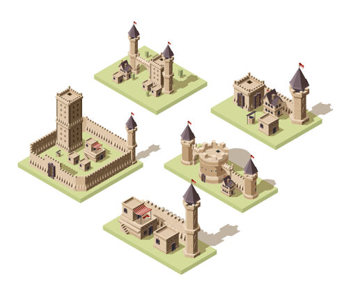王国城堡低聚乙烯视频游戏等轴测资产中世纪建筑从旧的岩石和砖块三维房屋旧堡垒塔等角图建筑