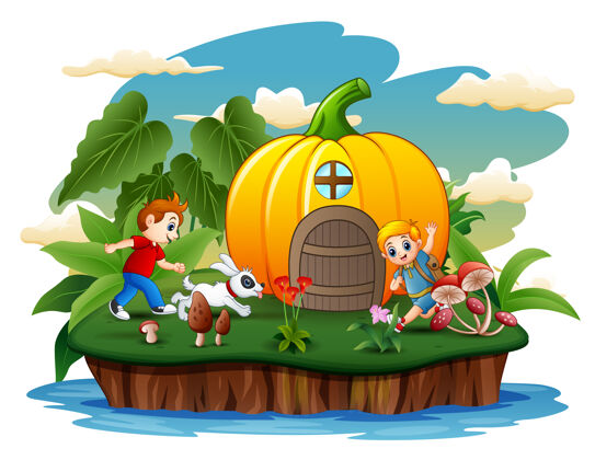风景有两个男孩在岛上玩的南瓜屋房子卡通南瓜屋