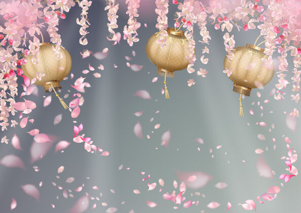 亚洲樱花盛开 花瓣飞舞 东方花灯璀璨的春节东方花瓣樱花