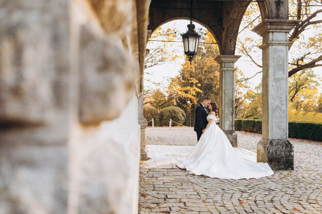 新娘新婚夫妇在公园里散步 有着历史悠久的宫殿亲吻婚礼成人