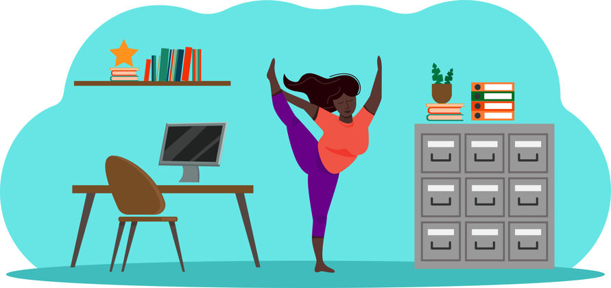 活动在办公室练瑜伽 身材苗条的黑人妇女在工作间隙锻炼身体曲线背景休息