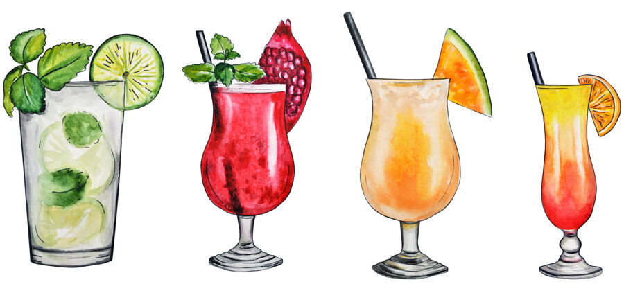 热带水彩手绘许多五彩鸡尾酒上的白色饮料饮料涂鸦