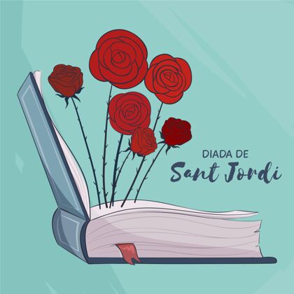 西班牙手绘diadadesantjordi插图与打开的书和玫瑰手绘书籍玫瑰