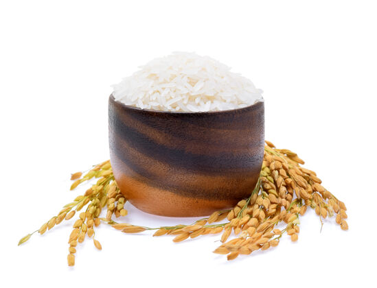 粘性水稻植物 泰国茉莉花米粒在木碗白色背景上完整的谷类营养