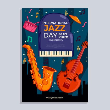 活动手绘国际爵士日垂直海报模板爵士乐爵士乐音乐会爵士乐日