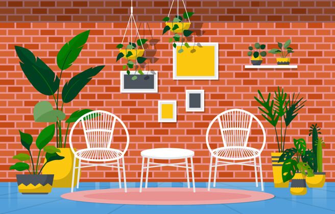 现代热带室内植物客厅绿色装饰植物叶子家具地板