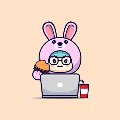 笔记本电脑可爱的女孩穿着兔子装用笔记本电脑吃饭字符表情卡瓦伊
