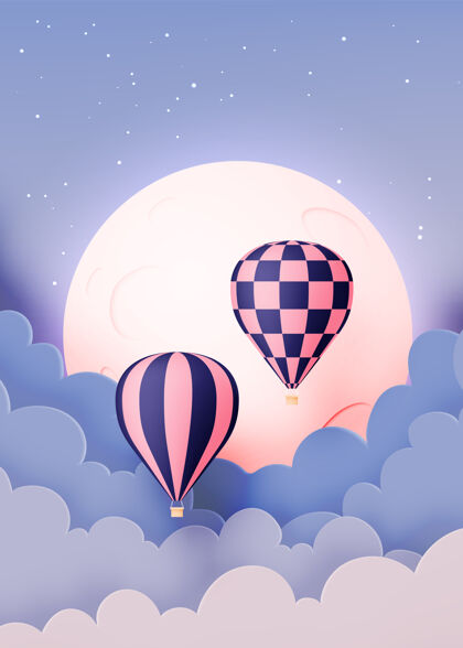 活动热气球纸艺术风格与粉彩天空背景插图放松旅游彩色
