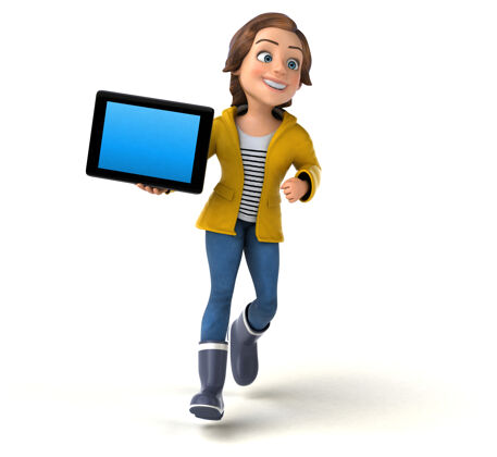 平板电脑有趣的卡通少女三维插图人快乐年轻人
