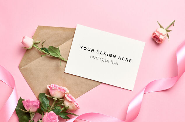 情人节贺卡模型与信封 粉红丝带和玫瑰花丝带花婚礼