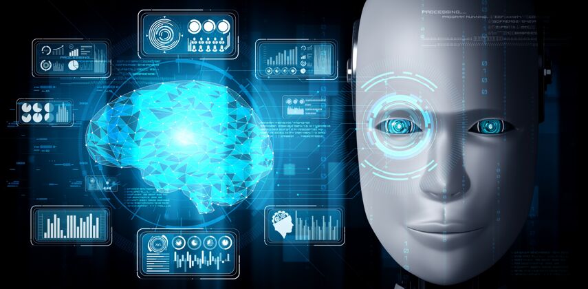编码机器人人形脸特写与图形概念的大数据分析网络机器人人