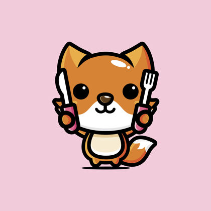 吉祥物可爱的狐狸正在准备吃粉红色的隔离卡通狐狸乐趣