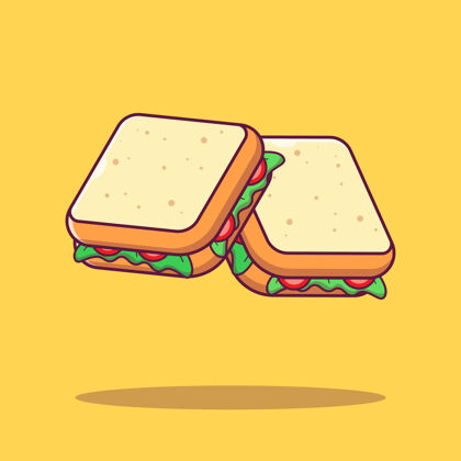 卡通新鲜蔬菜三明治飞行片平面卡通插图隔离营养棕色吃