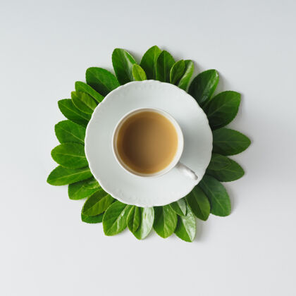 平面创意平铺花形早餐咖啡树叶形状花园