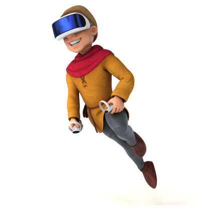 耳机有趣的三维插图中世纪男子与虚拟现实头盔技术游戏虚拟现实