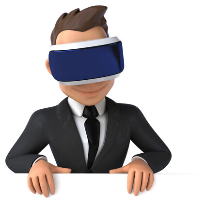 人一个卡通商人与虚拟现实头盔有趣的插图眼镜设备头盔