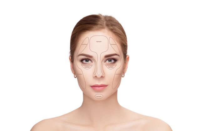 棕色轮廓制造白脸上的女人背景轮廓突出显示化妆师面部化妆样本准备粉底刷子