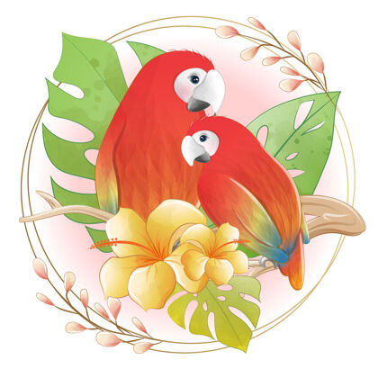花卉水彩画可爱的卡通小鹦鹉与花卉鹦鹉卡通动物