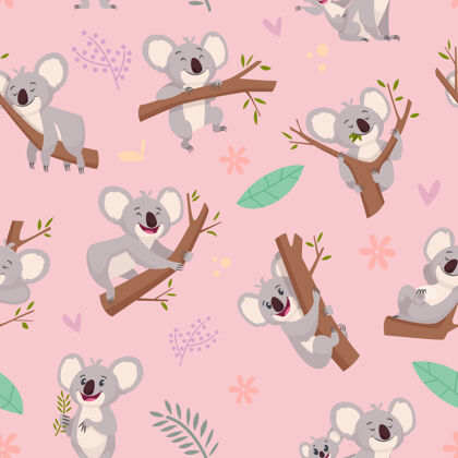 桉树考拉图案澳大利亚野生可爱动物考拉熊插图为纺织设计项目提供无缝卡通背景灰色小野生