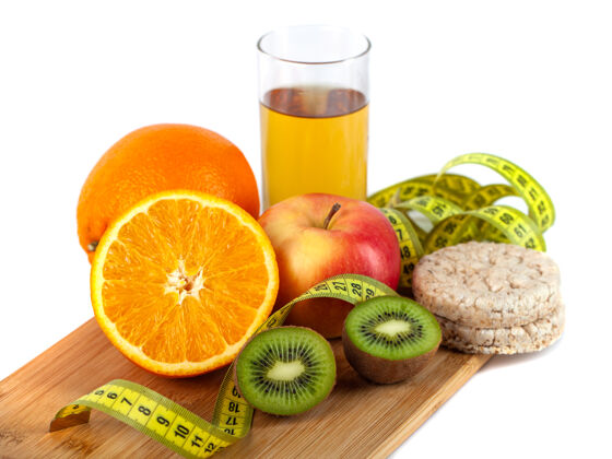 设备苹果 橘子 白底卷尺猕猴桃 健康饮食能量物体损失