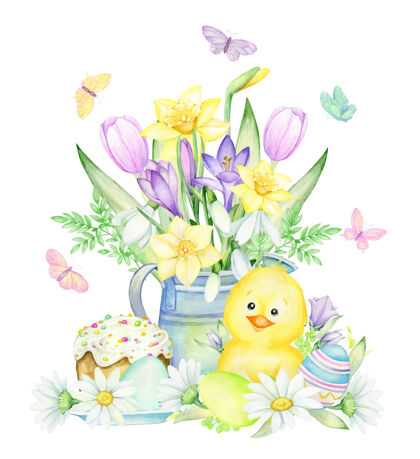 小鸡鸡肉 复活节彩蛋 蛋糕 鲜花 浇水水彩画概念可爱传统卡通