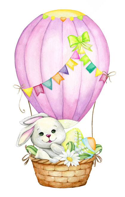 季节可爱的兔子 在热空气阳台 与复活节彩蛋 和花卉.水彩复活节假期的概念节日卡通鸡蛋