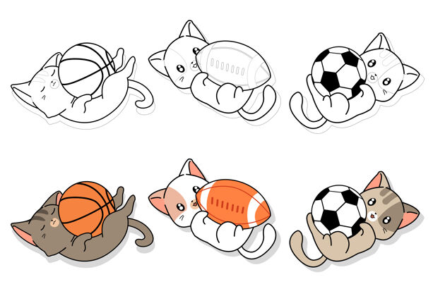 运动球可爱的猫和运动器材卡通儿童彩页平面游戏可爱