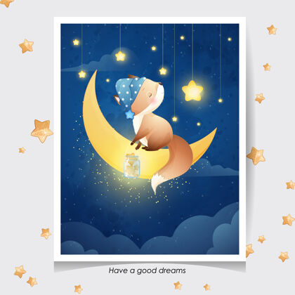 卡片可爱的涂鸦狐狸与水彩画插图插图可爱动物宝宝