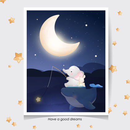 夜晚可爱的涂鸦大象和小兔子与水彩插图月亮插图晚安
