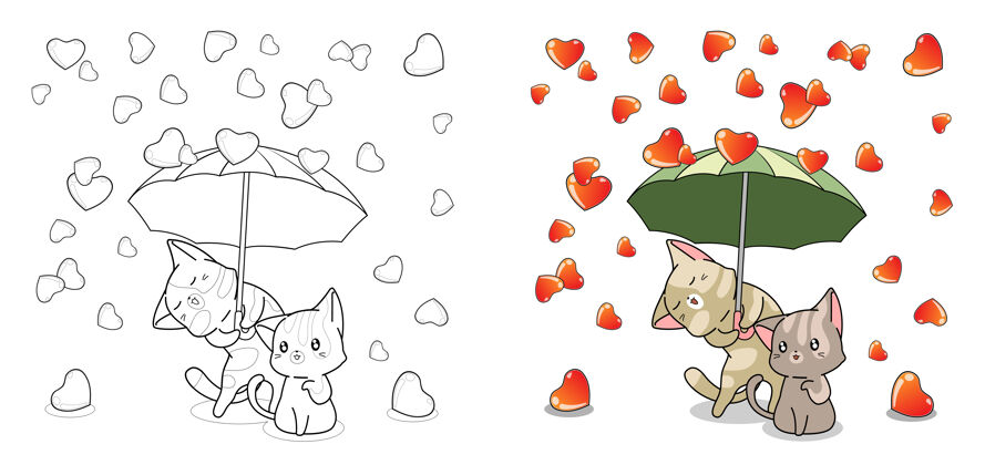 猫可爱的猫和爱的雨卡通彩页儿童彩色页插图幼稚