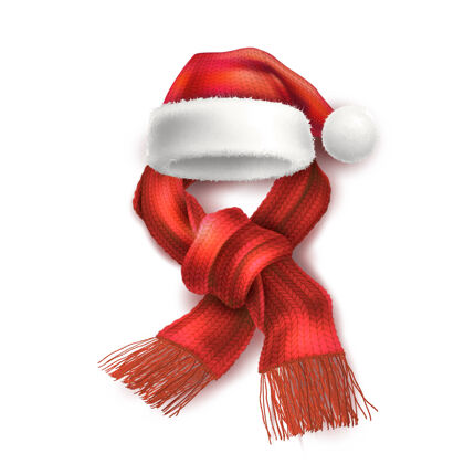 传统带有针织围巾符号的逼真圣诞帽圣诞老人圣诞老人毛皮