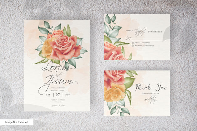 玫瑰优雅的婚礼请柬模板与美丽的花卉和树叶安排卡片婚礼请柬请柬