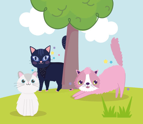 宠物可爱的猫在草地与树卡通矢量插图天空快乐草