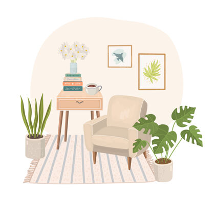 舒适现代舒适的家庭室内扶手椅和书籍房子房间扶手椅