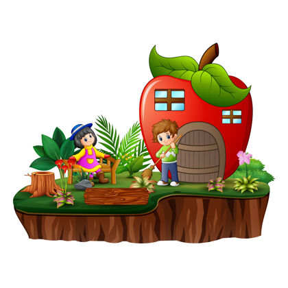 卡通卡通快乐的孩子和苹果屋在岛上幻想之家童年草