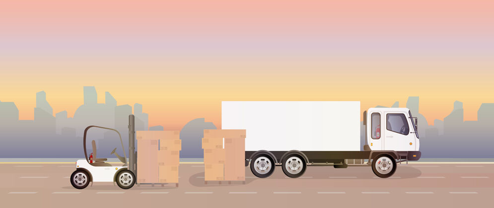 集装箱卡车和一个装有纸板箱的托盘站在路上柴油设备运输