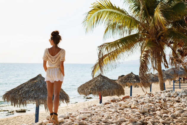 乐趣年轻的女旅行者在沙滩上用石头和棕榈树衣服阳光户外