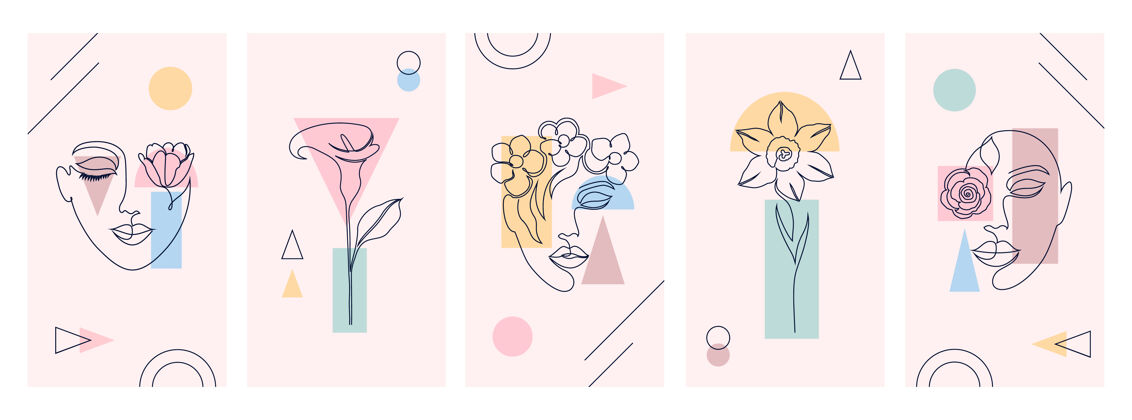 极简主义美丽的插图 具有单线画法和几何图形水仙花女孩设置